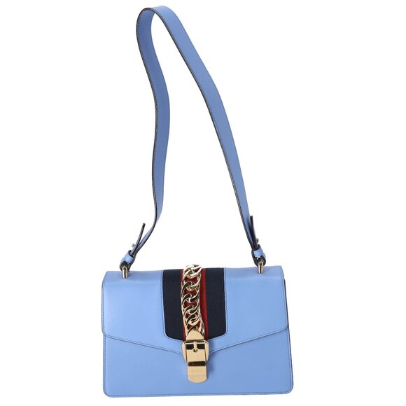 GUCCI Sylvie Shoulder Bag 421882 Light Blue Navy Multi Leather - Picture 1 of 7